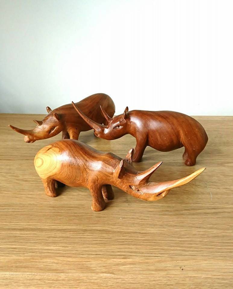 Hand Carved Teak Rhino Figurines, African Home Decor Set x3