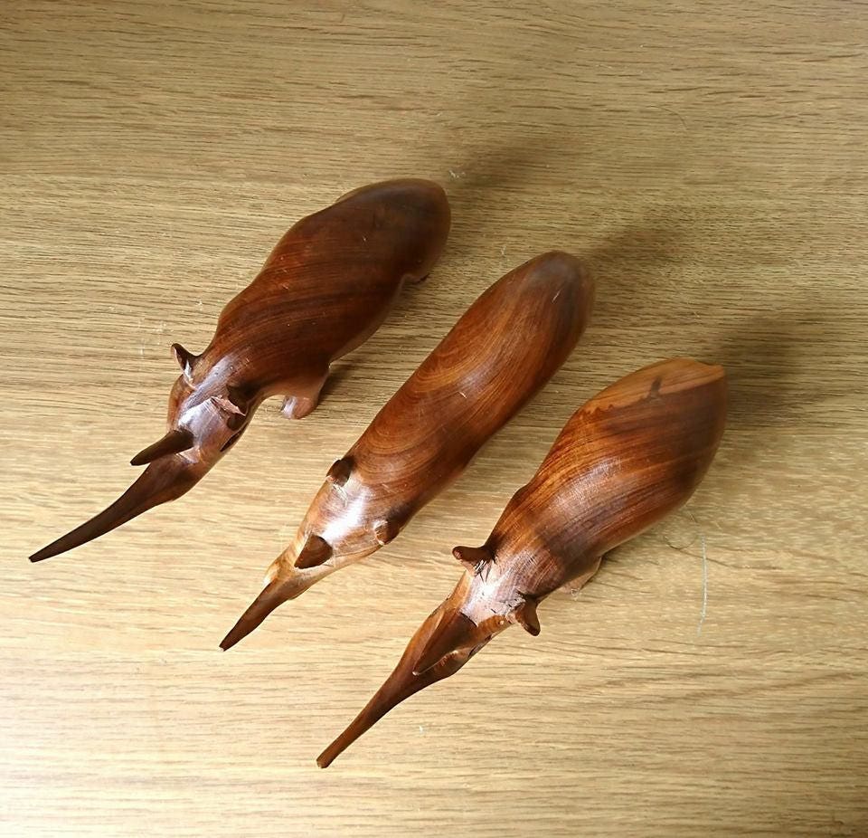 Hand Carved Teak Rhino Figurines, African Home Decor Set x3