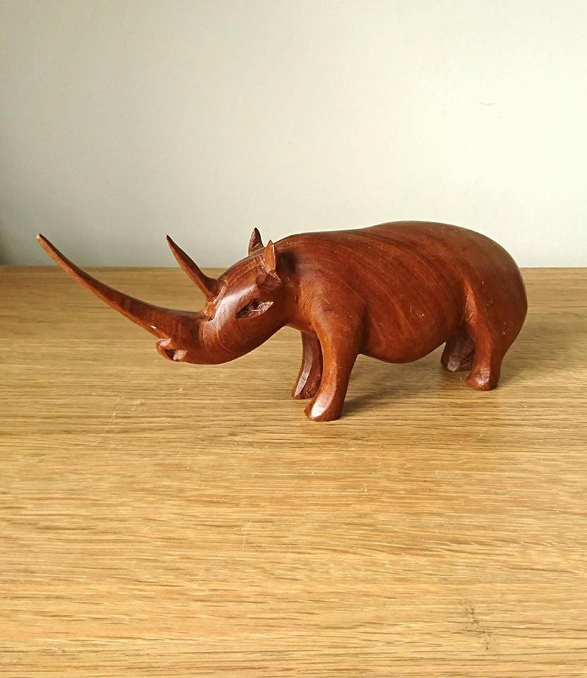 Hand Carved Teak Rhino Figurines, African Home Decor Set x3