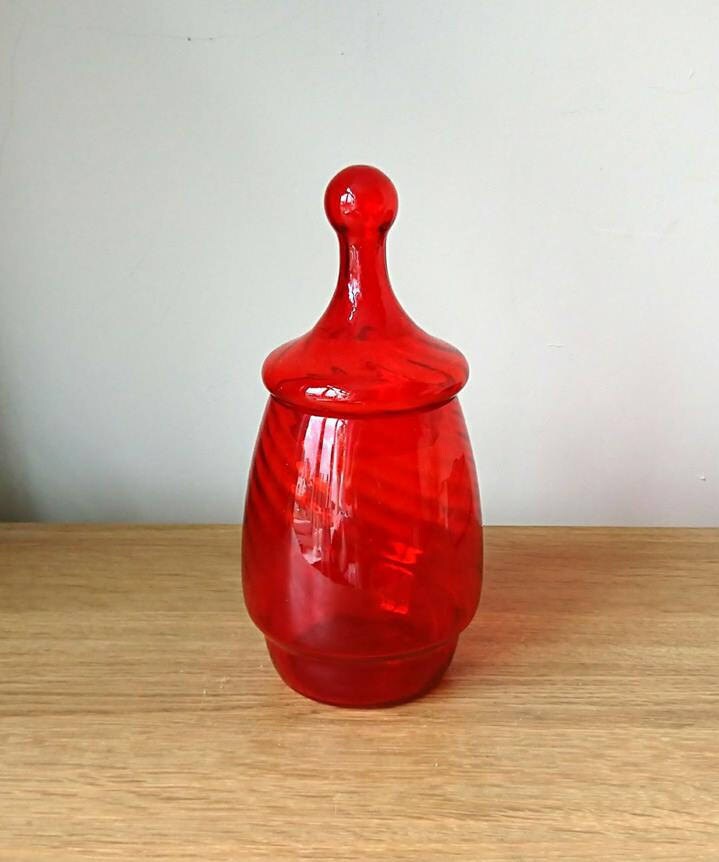 Vintage Jar Red Glass Jar Candy/Sweet Jar Cookie Jar Art Glass Retro Jar Container Kitsch Murano Style