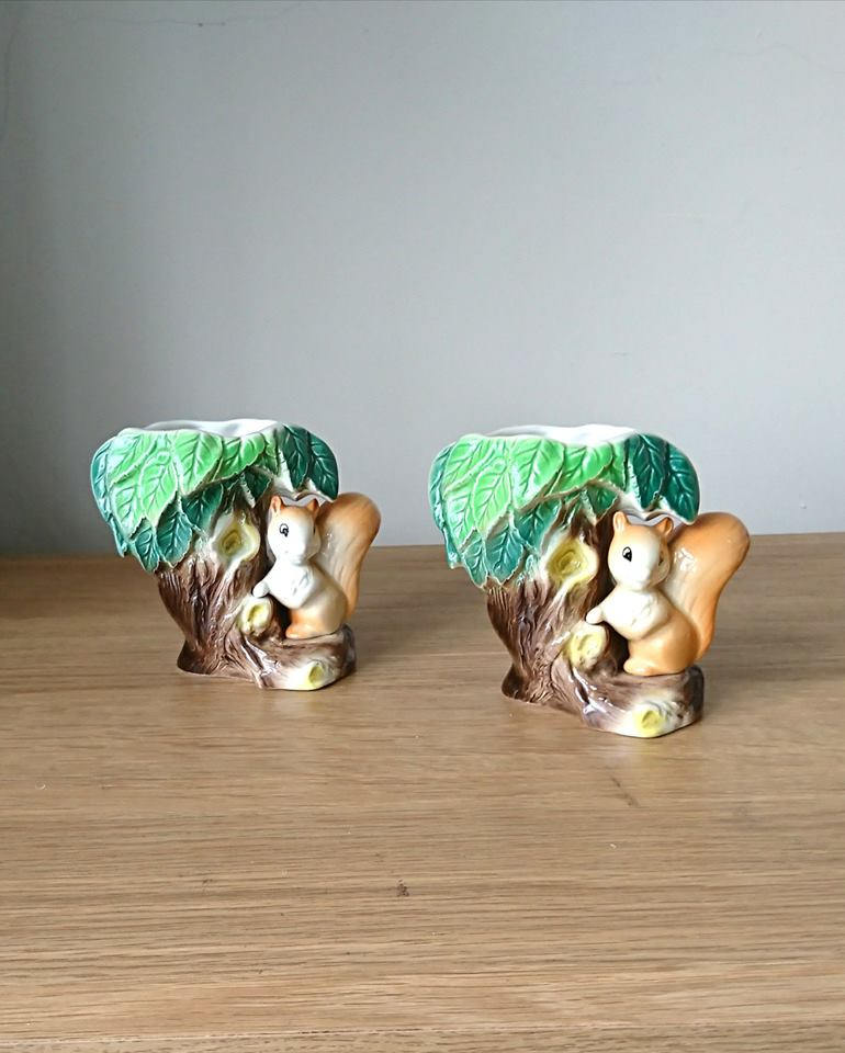 Vintage Hornsea Fauna Squirrel Vase Pair, Kitsch Planter No. 26