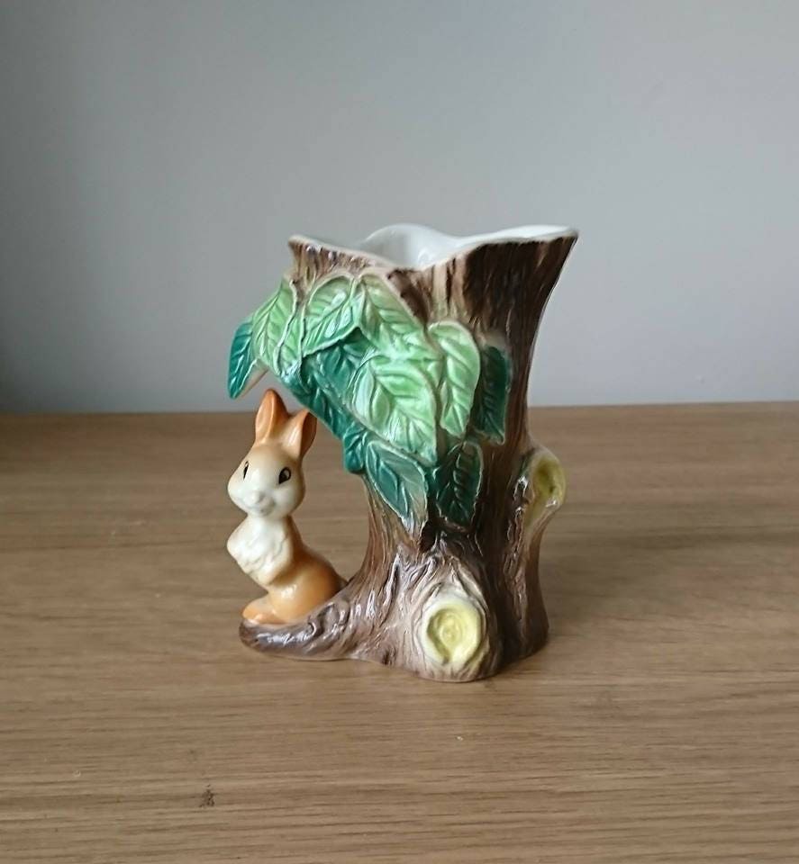 Vintage Vase Planter Rabbit Under a Tree Posy Vase Hornsea Fauna Royal Made in England No. 55 Kitsch Ceramic Collectable Earthenware Planter