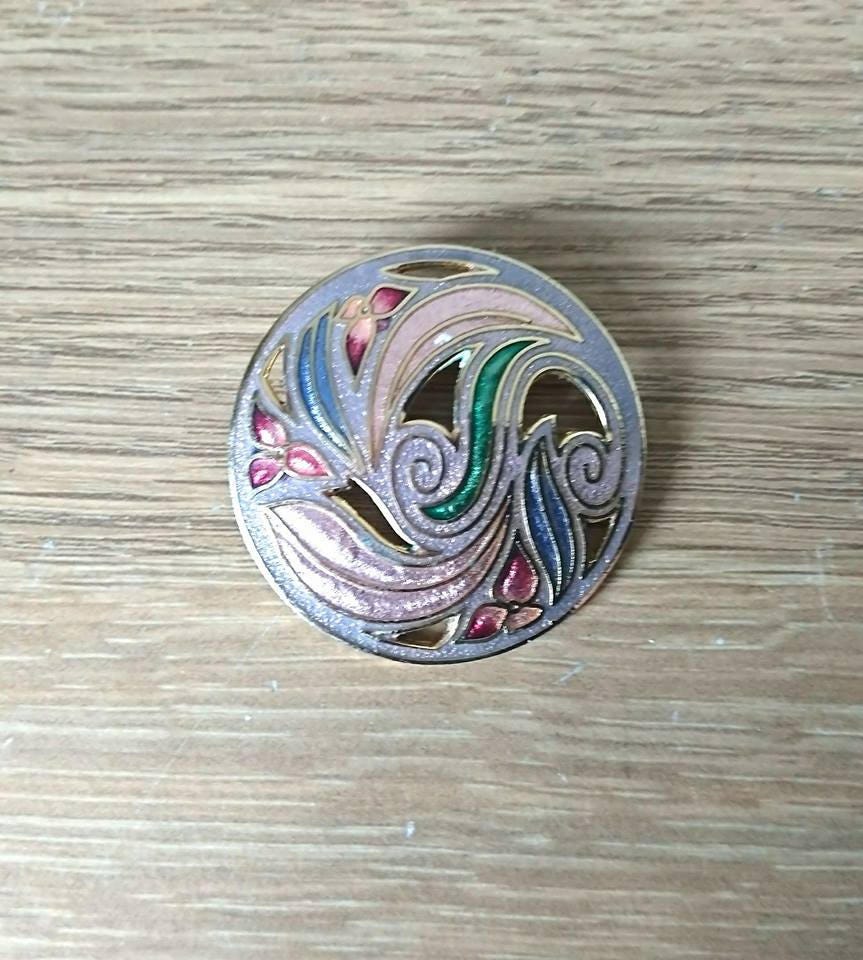 Vintage Cloisonne Enamel Floral Brooch, Red & Pink, Round Pin