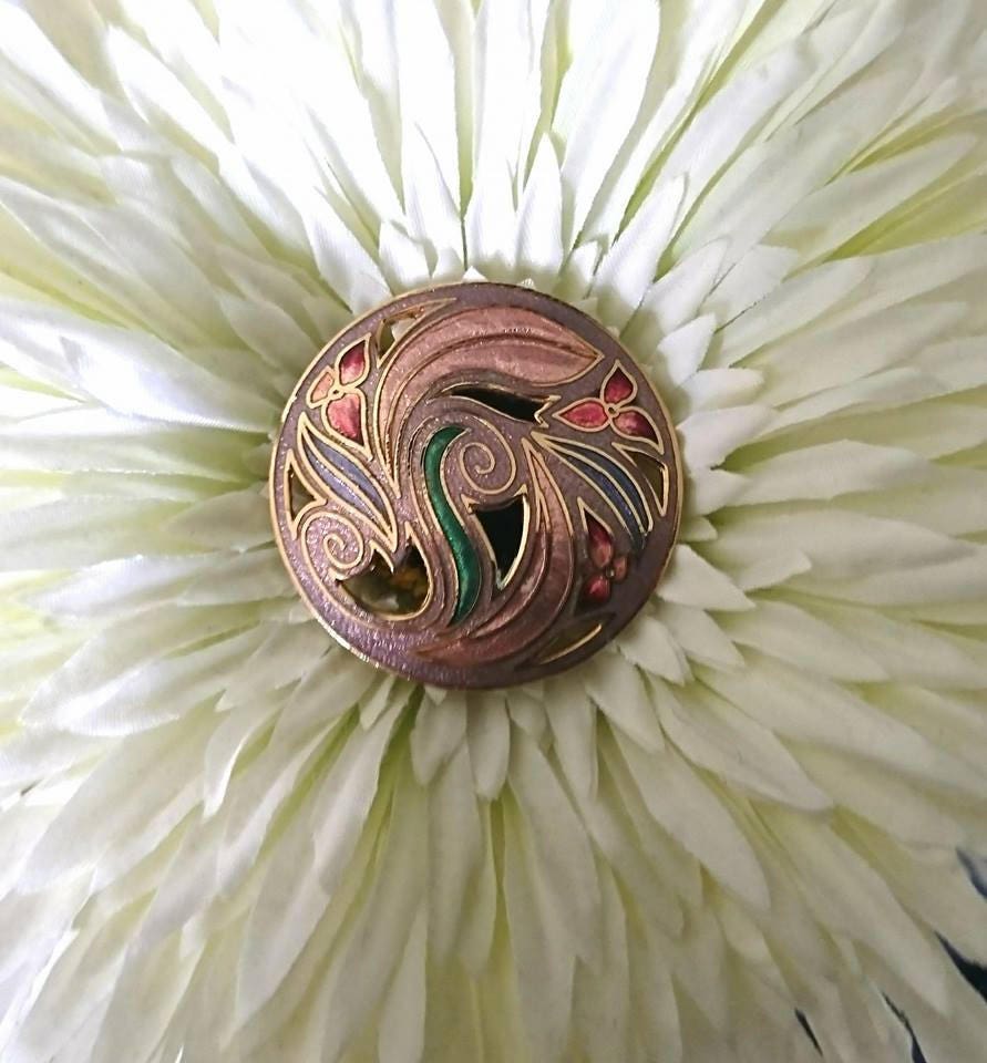 Vintage Cloisonne Enamel Floral Brooch, Red & Pink, Round Pin