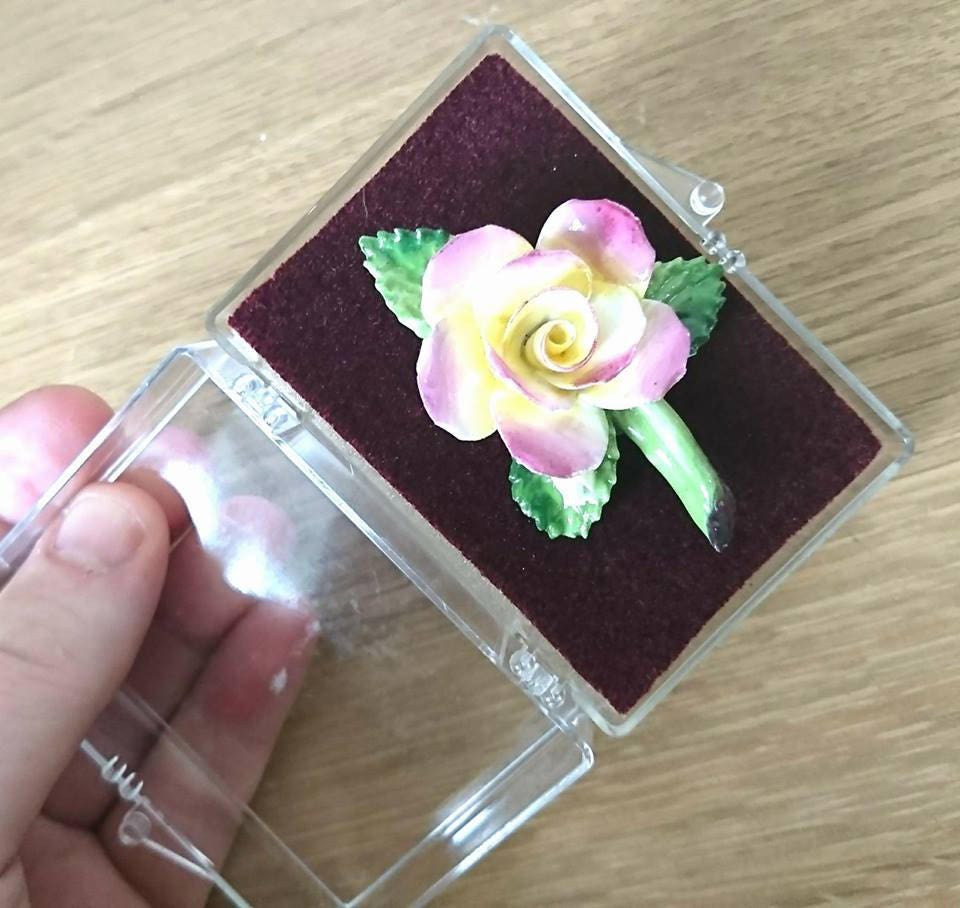 Vintage Bone China Rose Brooch, Pink & Yellow Floral Pin, Made in England (Boxed)
