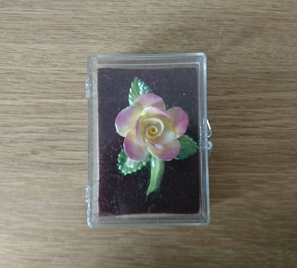 Vintage Bone China Rose Brooch, Pink & Yellow Floral Pin, Made in England (Boxed)
