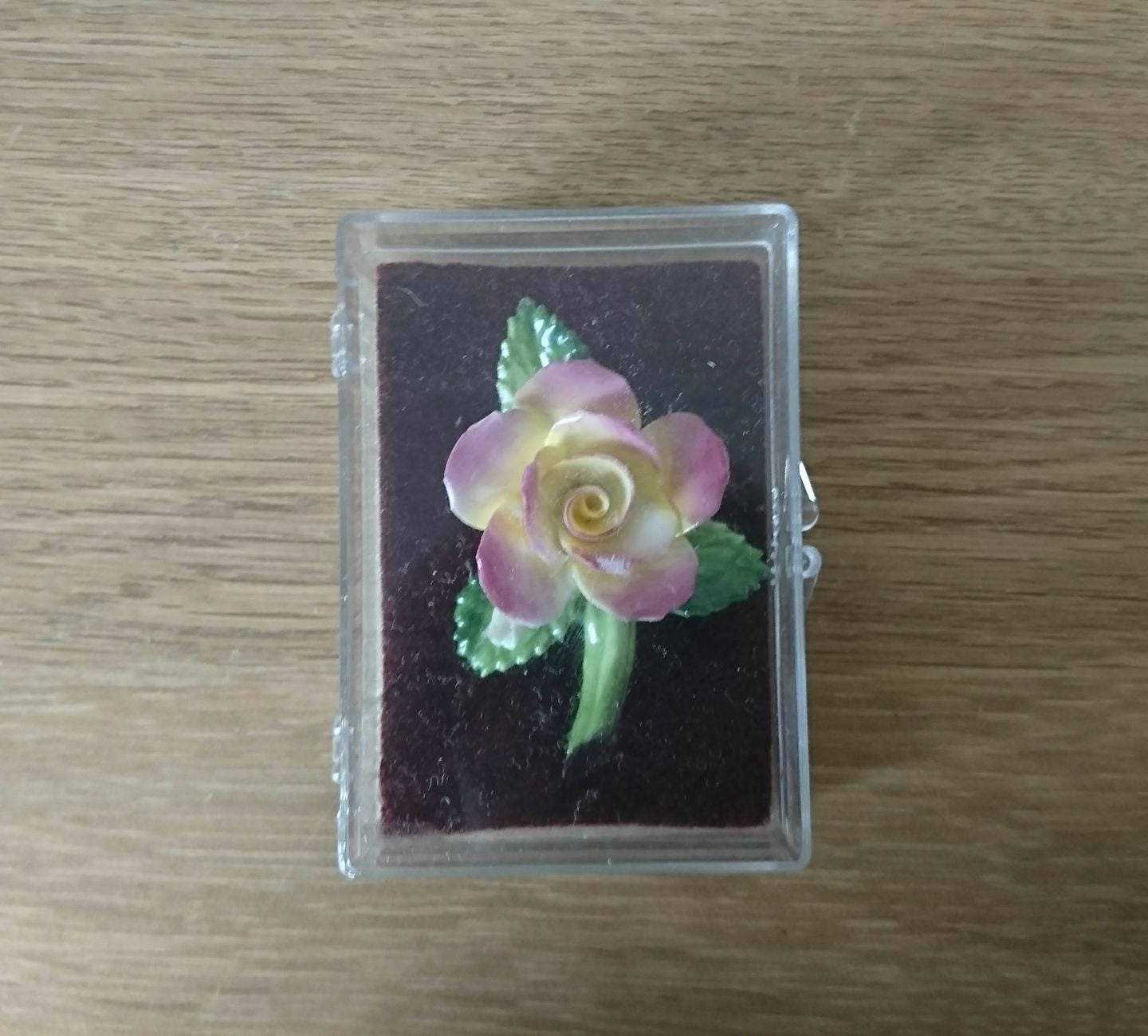 Vintage Bone China Rose Brooch, Pink & Yellow Floral Pin, Made in England (Boxed)