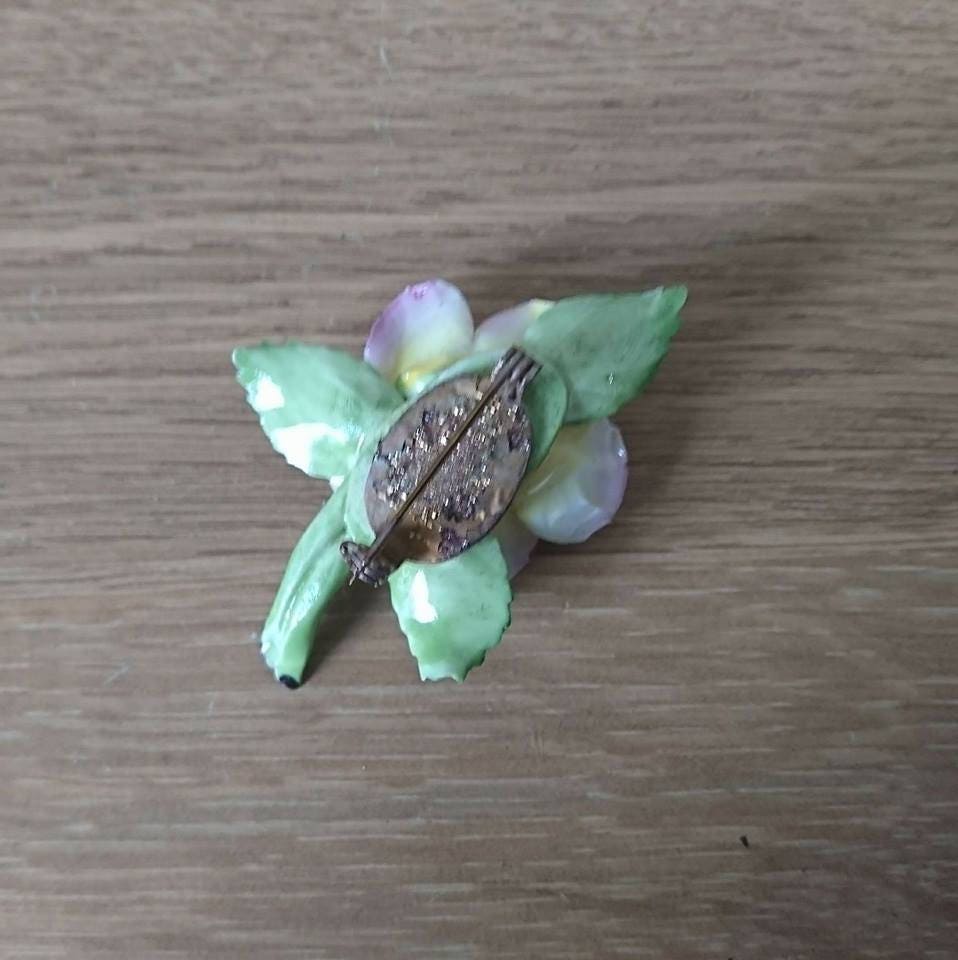 Vintage Bone China Rose Brooch, Pink & Yellow Floral Pin, Made in England (Boxed)