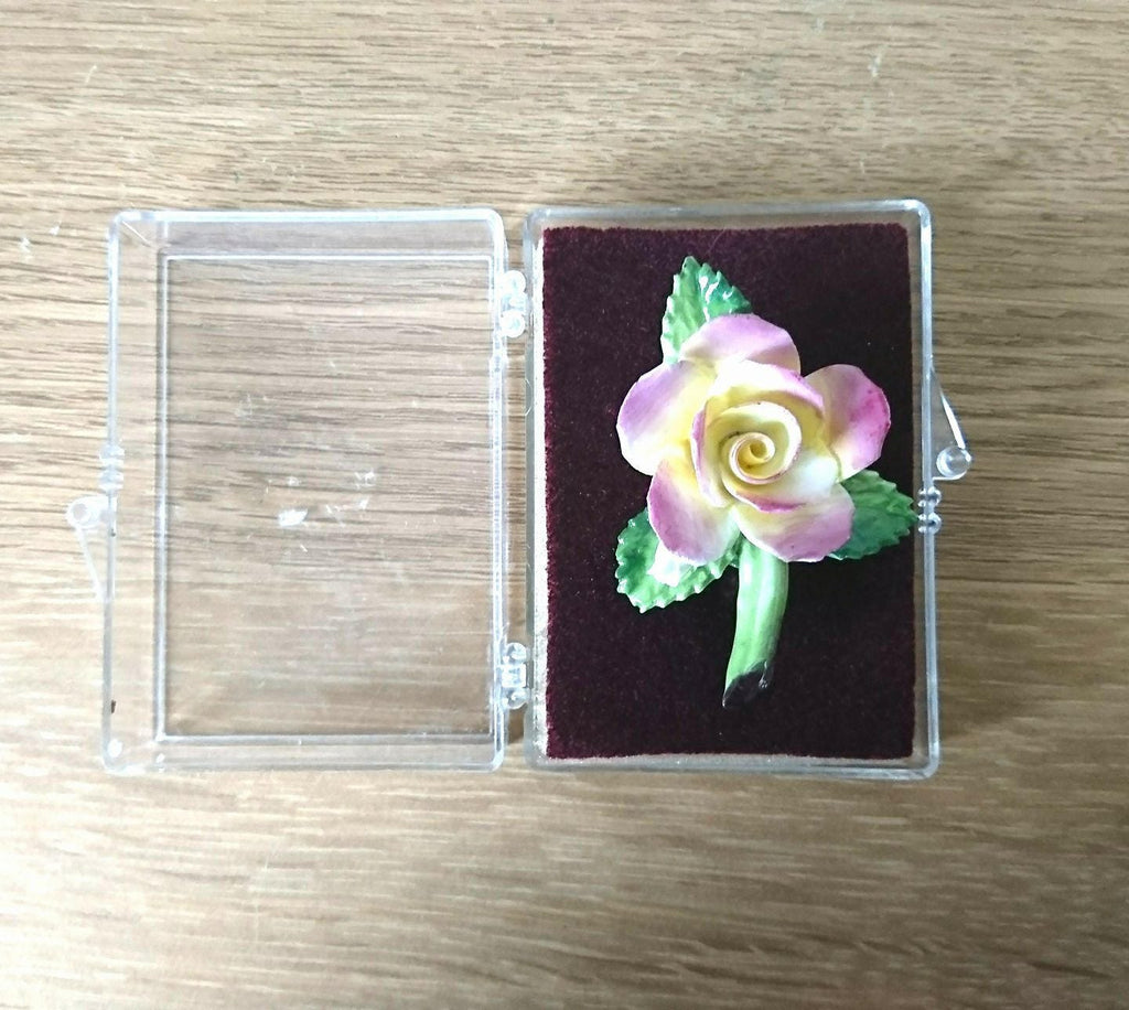 Vintage Bone China Rose Brooch, Pink & Yellow Floral Pin, Made in England (Boxed)