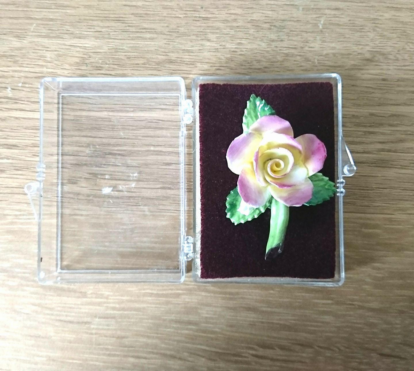 Vintage Bone China Rose Brooch, Pink & Yellow Floral Pin, Made in England (Boxed)