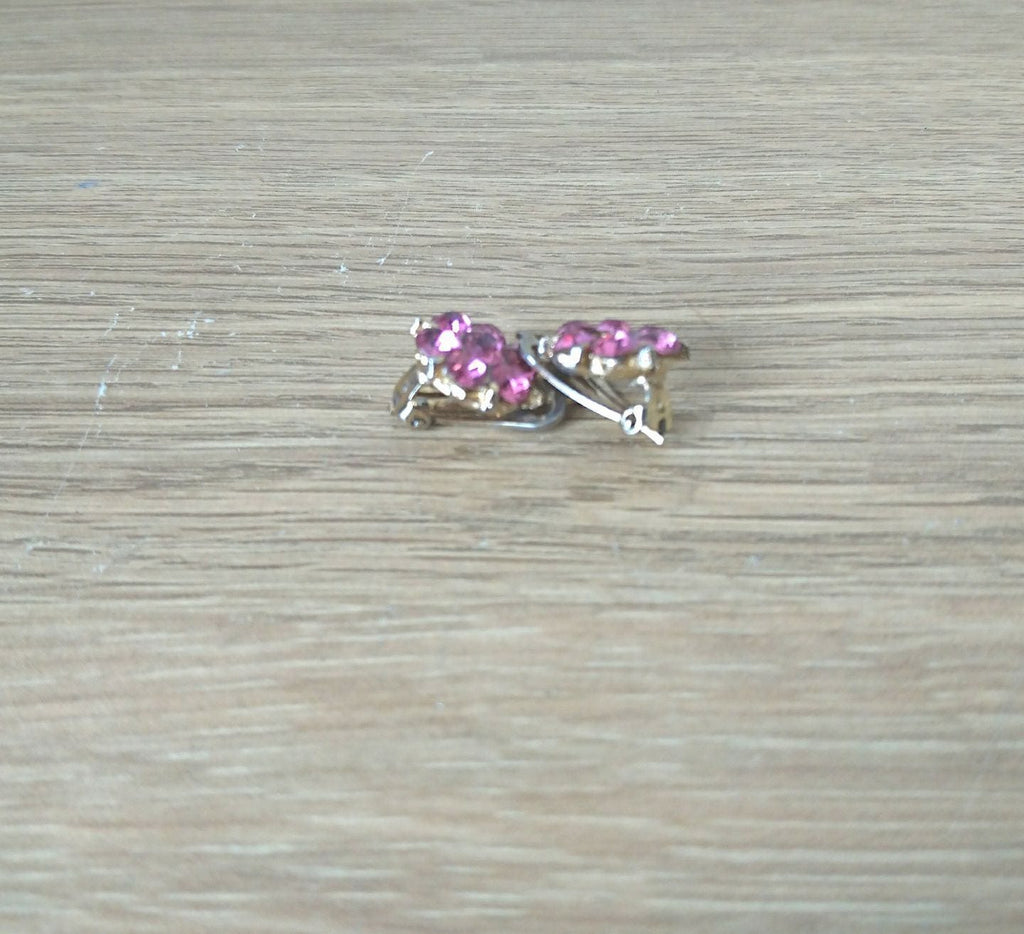 Vintage Floral Clip On Earrings, Pink Rhinestone Costume Jewelry