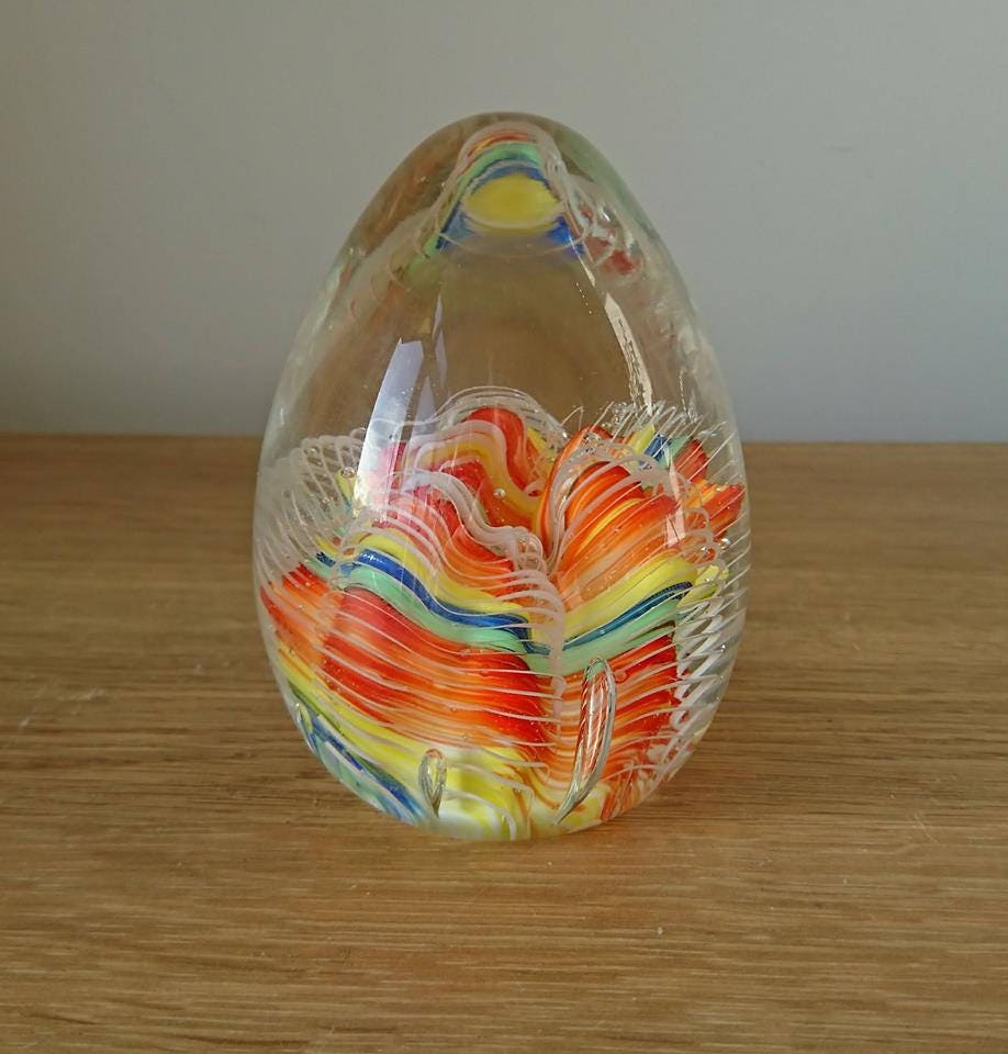 Vintage Knightsbridge Glass Paperweight, Wavy Line Egg Shape, Boxed