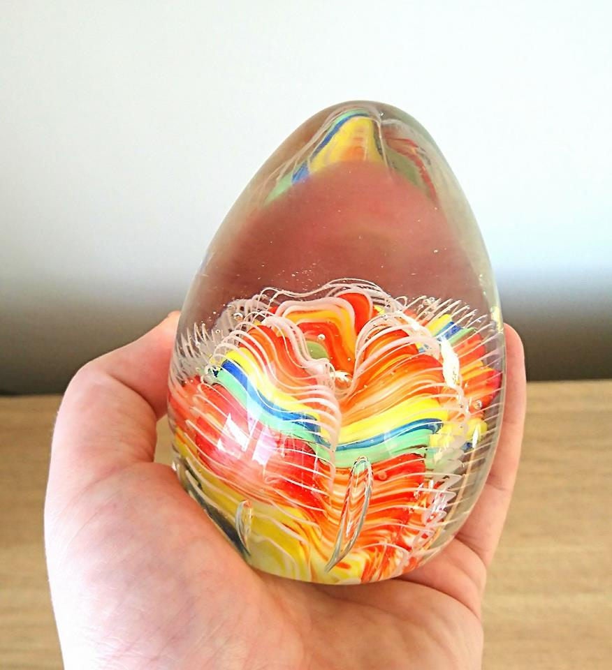 Vintage Knightsbridge Glass Paperweight, Wavy Line Egg Shape, Boxed