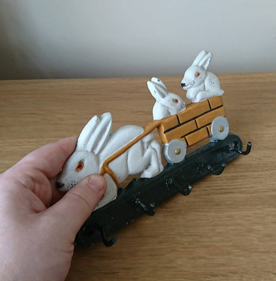 Vintage Rabbit Coat Hanger Cast Iron Hand Painted Wall Hooks Coat Rack Nursery Decor