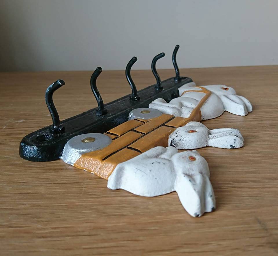 Vintage Rabbit Coat Hanger Cast Iron Hand Painted Wall Hooks Coat Rack Nursery Decor