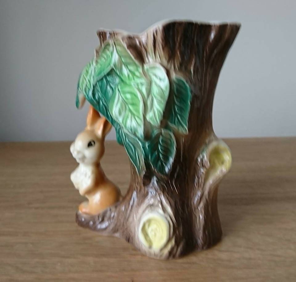Vintage Vase Planter Rabbit Under a Tree Posy Vase Hornsea Fauna Royal Made in England No. 55 Kitsch Ceramic Collectable Earthenware Planter