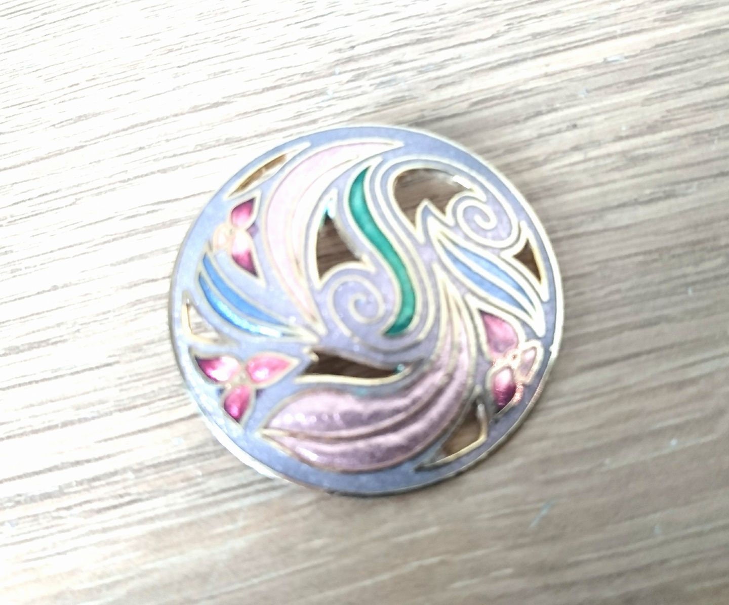 Vintage Cloisonne Enamel Floral Brooch, Red & Pink, Round Pin