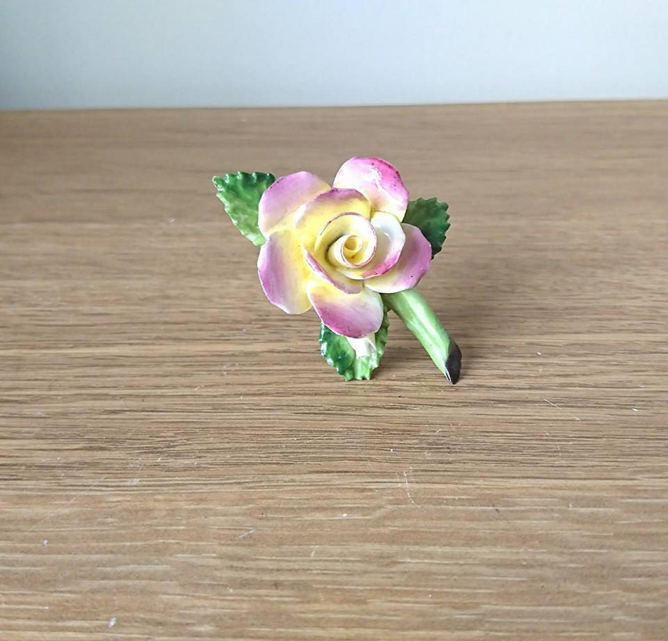 Vintage Bone China Rose Brooch, Pink & Yellow Floral Pin, Made in England (Boxed)