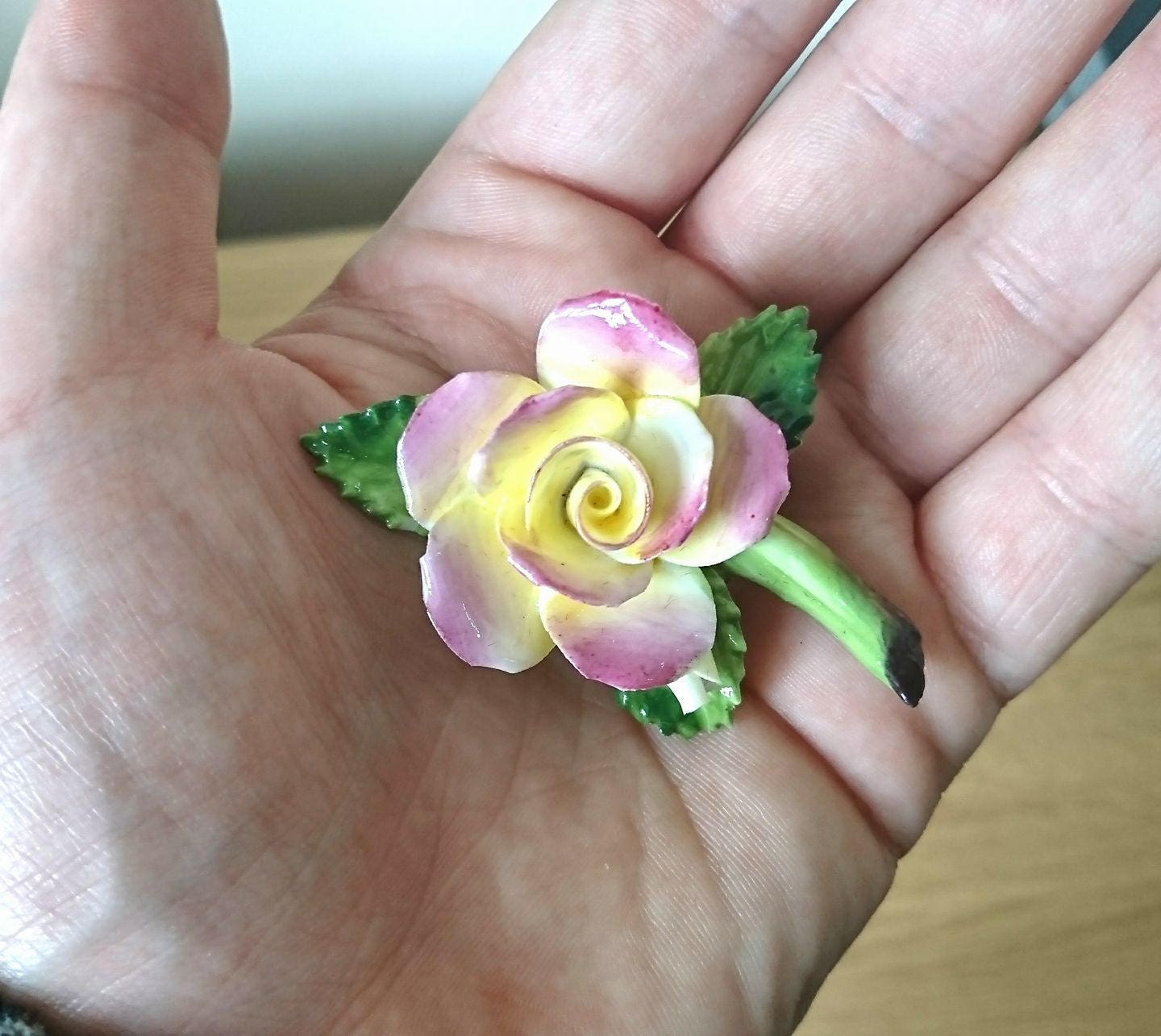 Vintage Bone China Rose Brooch, Pink & Yellow Floral Pin, Made in England (Boxed)