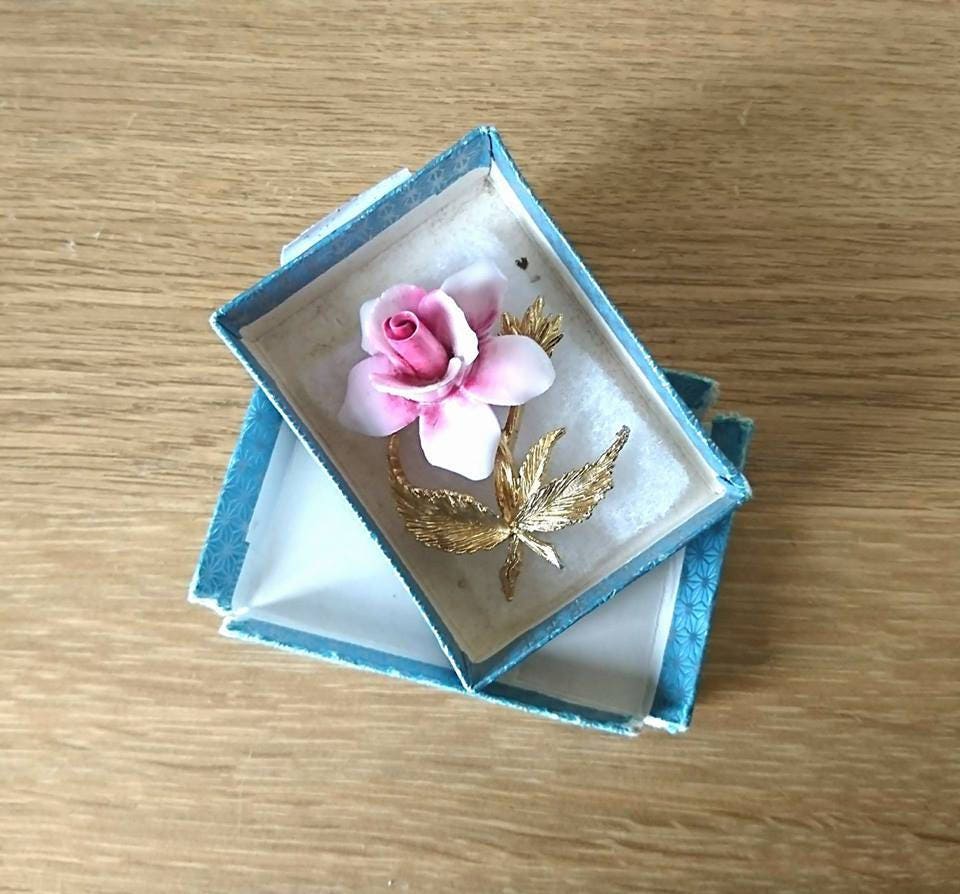 Vintage Exquisite Bone China Rose Brooch, Gold Tone Floral Pin