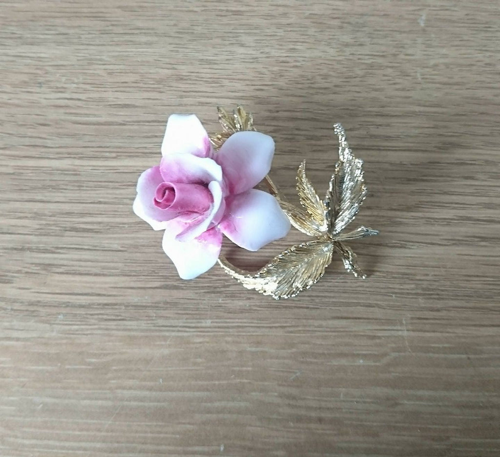 Vintage Exquisite Bone China Rose Brooch, Gold Tone Floral Pin