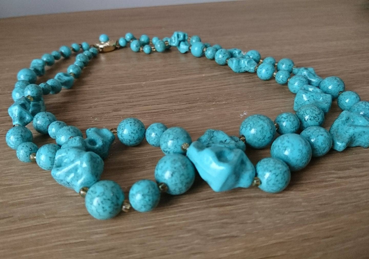 Vintage Necklace Multi-strand Plastic Beads Turquoise Gold Box Clasp Costume Jewellery Jewelry