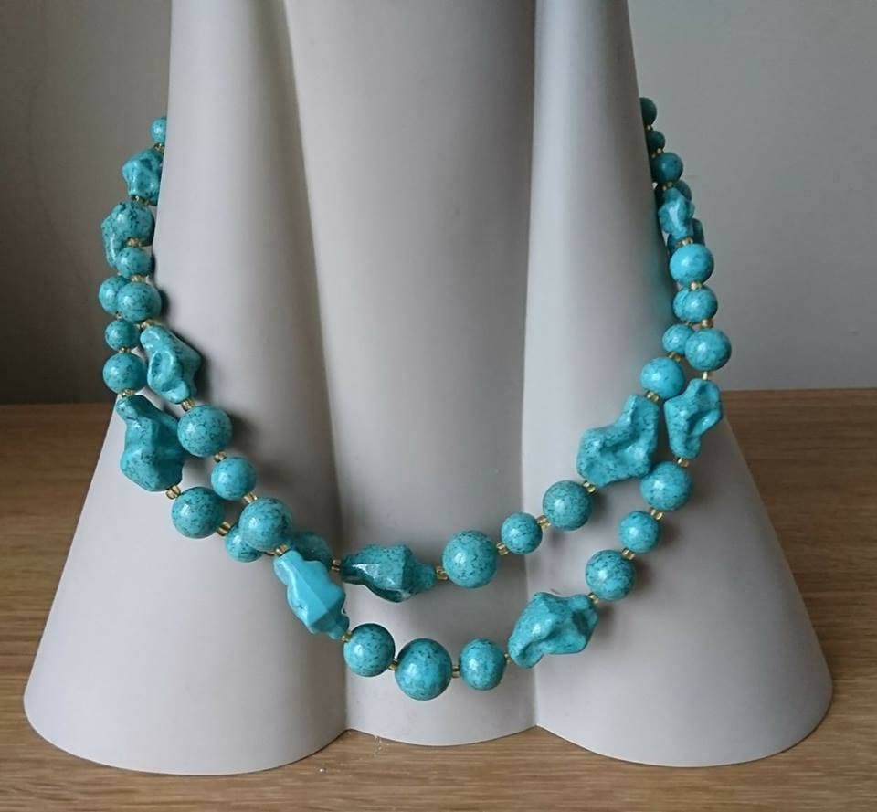 Vintage Necklace Multi-strand Plastic Beads Turquoise Gold Box Clasp Costume Jewellery Jewelry