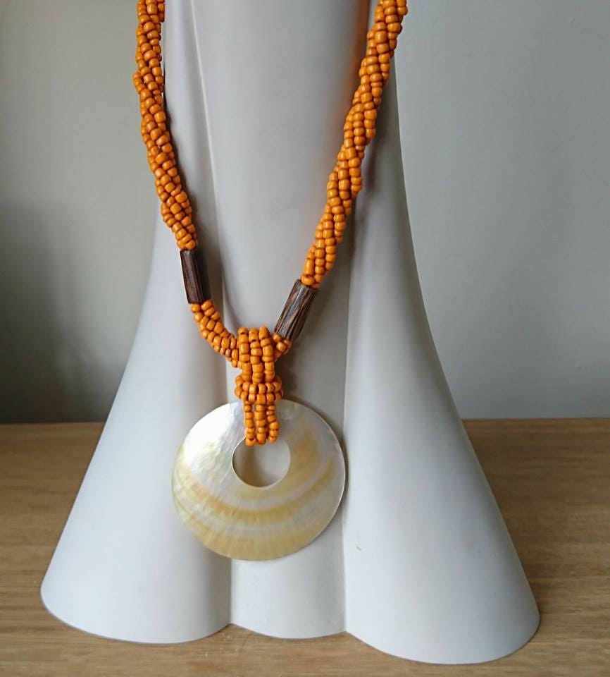 Vintage Shell Necklace Pendant Wooden Tribal Ceramic Orange Beaded Necklace Costume Jewellery Jewelry
