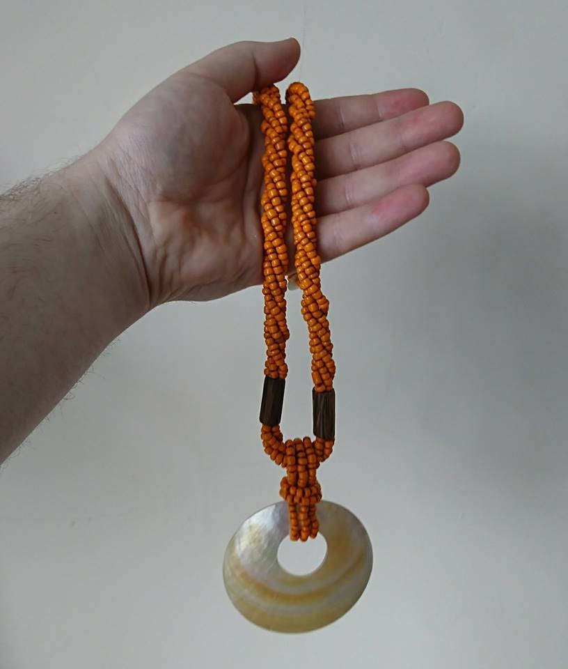 Vintage Shell Necklace Pendant Wooden Tribal Ceramic Orange Beaded Necklace Costume Jewellery Jewelry