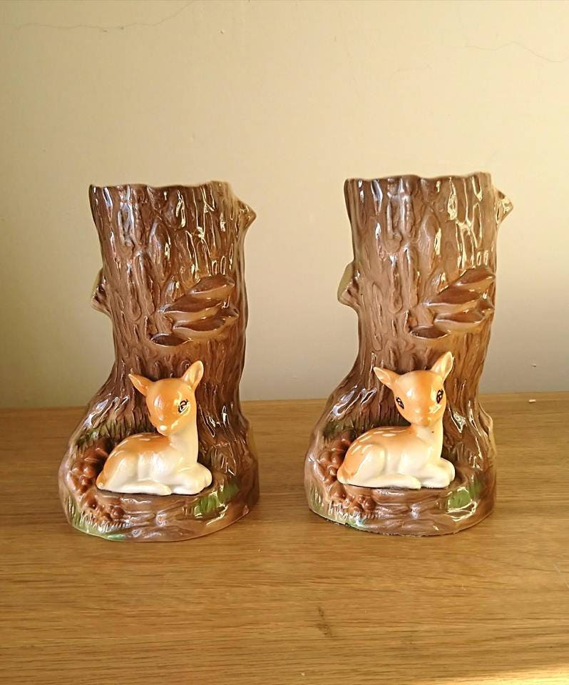 Vintage Hornsea Fauna Royal Deer Vase Pair, Kitsch Ceramic #66