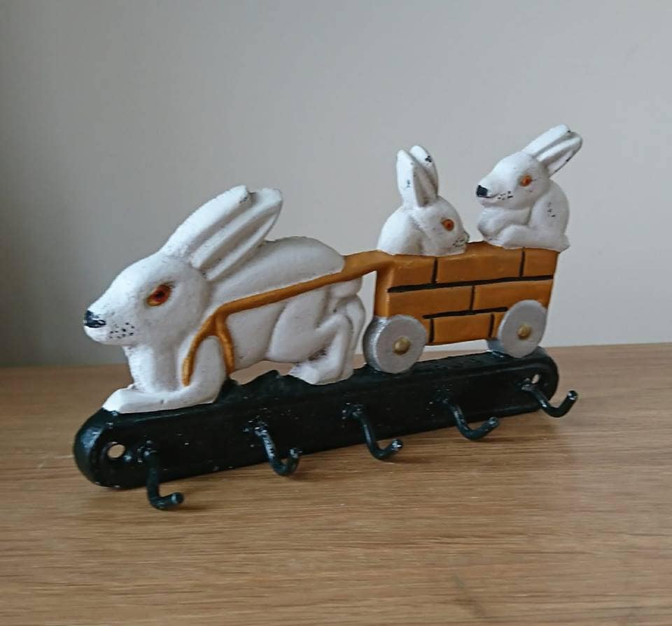 Vintage Rabbit Coat Hanger Cast Iron Hand Painted Wall Hooks Coat Rack Nursery Decor