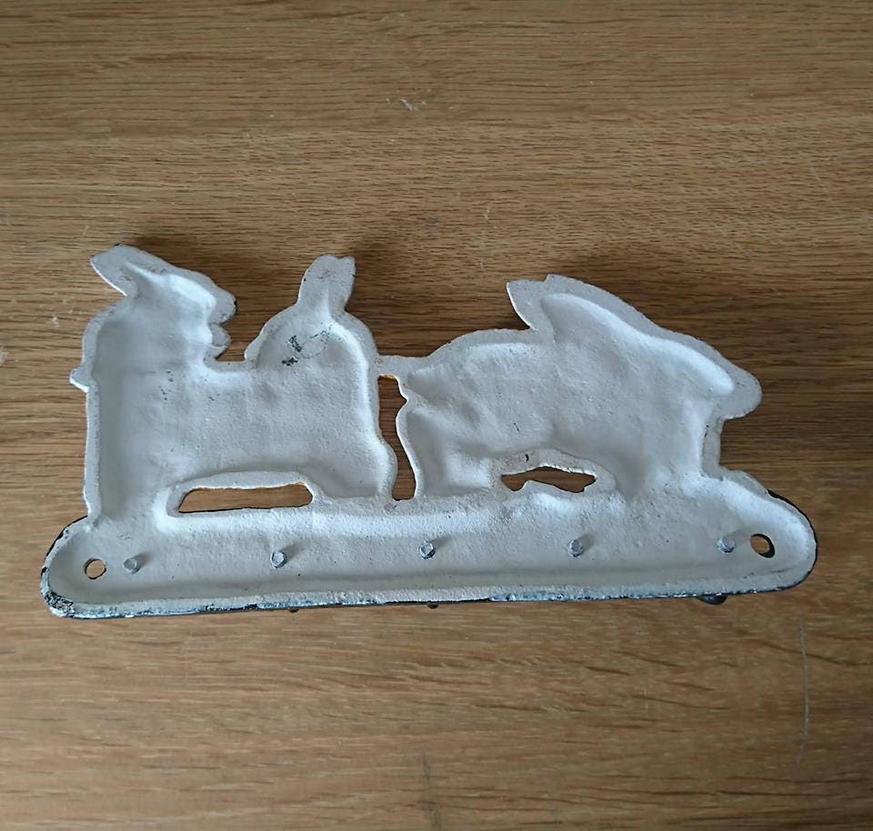 Vintage Rabbit Coat Hanger Cast Iron Hand Painted Wall Hooks Coat Rack Nursery Decor