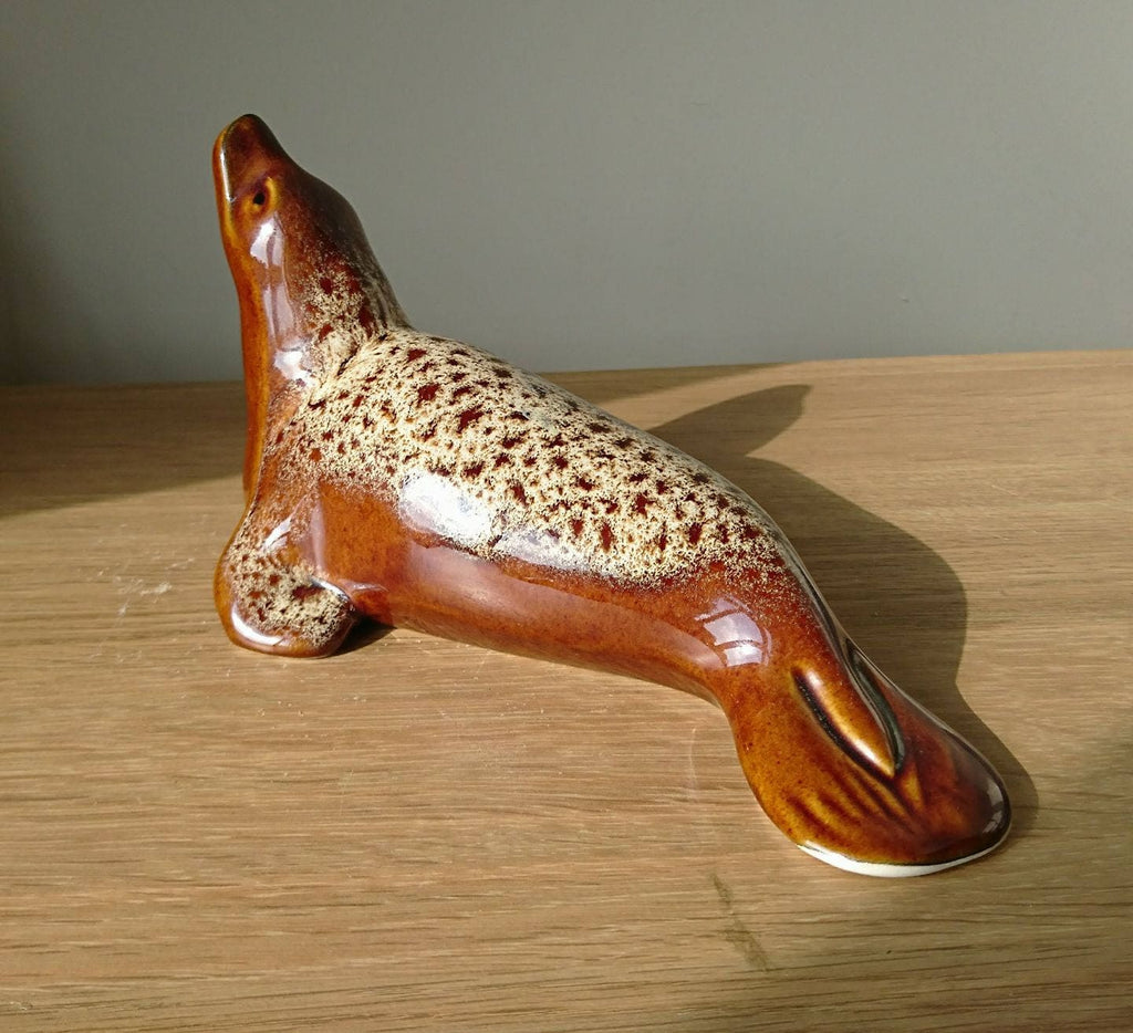 Vintage Ceramic Seal Figurine Fosters Pottery Brown Honeycombe Seal Animal Ornament Kitsch