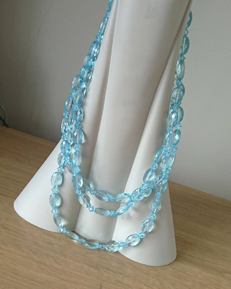 Vintage Beaded Necklace Blue Plastic Clear Chunky Multistrand Necklace Costume Jewellery Jewelry