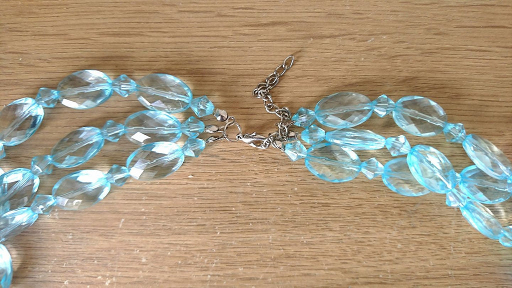 Vintage Beaded Necklace Blue Plastic Clear Chunky Multistrand Necklace Costume Jewellery Jewelry