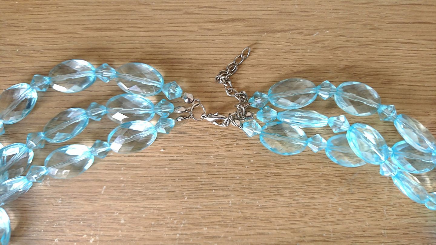 Vintage Beaded Necklace Blue Plastic Clear Chunky Multistrand Necklace Costume Jewellery Jewelry