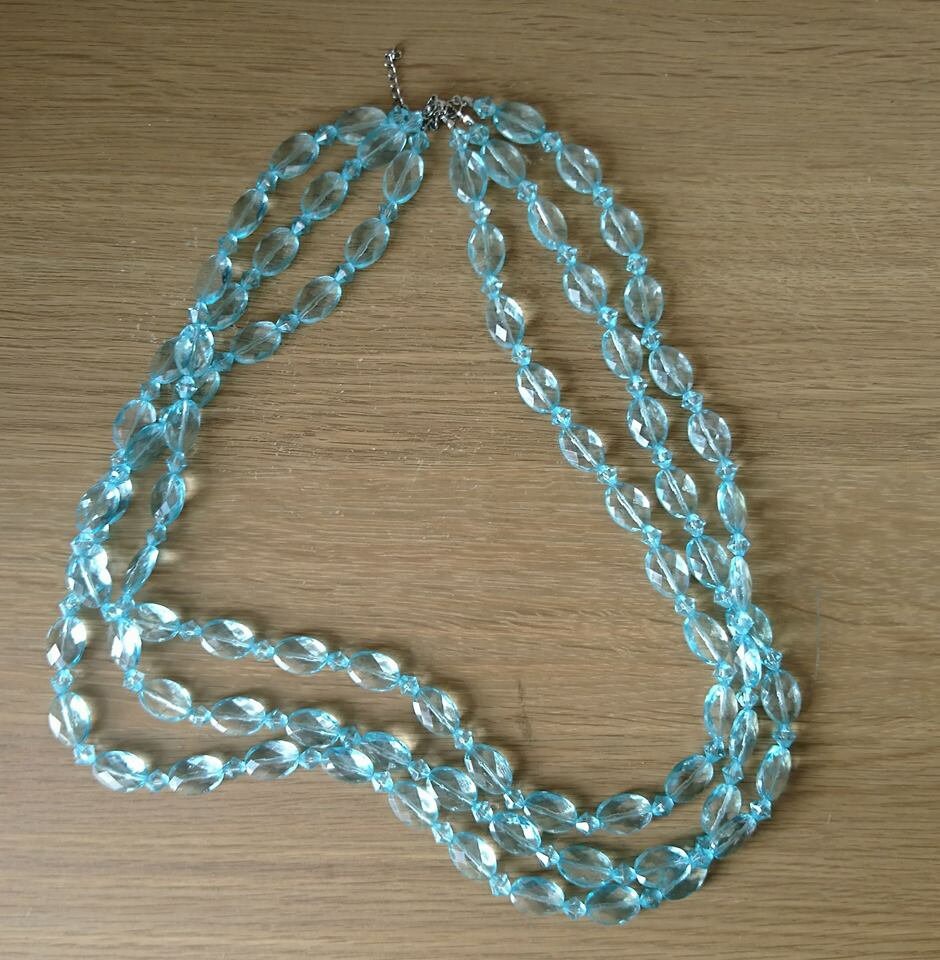 Vintage Beaded Necklace Blue Plastic Clear Chunky Multistrand Necklace Costume Jewellery Jewelry