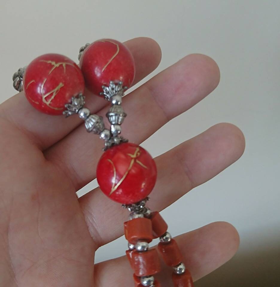 Vintage Red Beaded Necklace Chunky Tassel Screw Clasp Costume Jewellery Jewelry