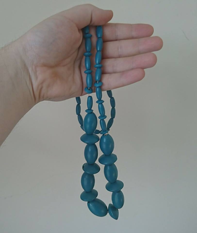 Vintage Blue Beaded Necklace Wooden Retro Necklace 80's Long Costume Jewellery Jewelry