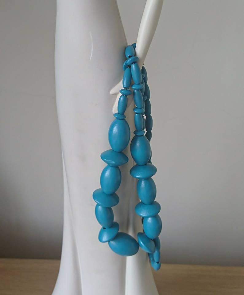 Vintage Blue Beaded Necklace Wooden Retro Necklace 80's Long Costume Jewellery Jewelry