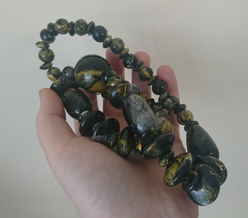 Vintage Wooden Boho Beaded Necklace Black Yellow White Marbled Beads Costume Jewellery Jewelry