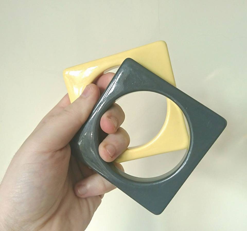 Retro Chunky Square Bangles Set, Yellow & Gray Vintage Costume Jewelry