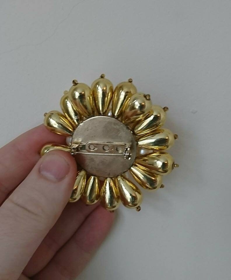 Vintage Floral Brooch, Chunky Faux Pearl & Gold Jewelry