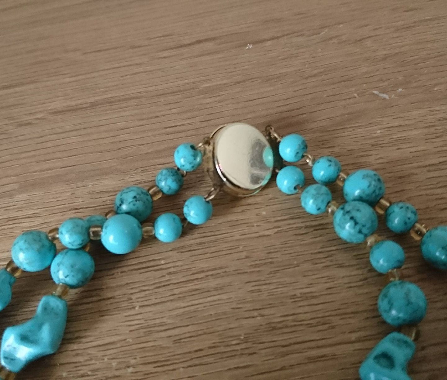 Vintage Necklace Multi-strand Plastic Beads Turquoise Gold Box Clasp Costume Jewellery Jewelry