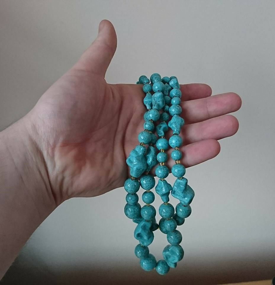 Vintage Necklace Multi-strand Plastic Beads Turquoise Gold Box Clasp Costume Jewellery Jewelry