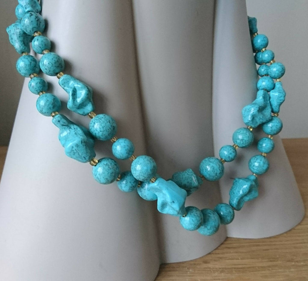 Vintage Necklace Multi-strand Plastic Beads Turquoise Gold Box Clasp Costume Jewellery Jewelry