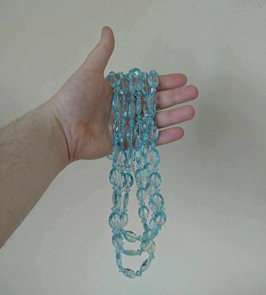 Vintage Beaded Necklace Blue Plastic Clear Chunky Multistrand Necklace Costume Jewellery Jewelry