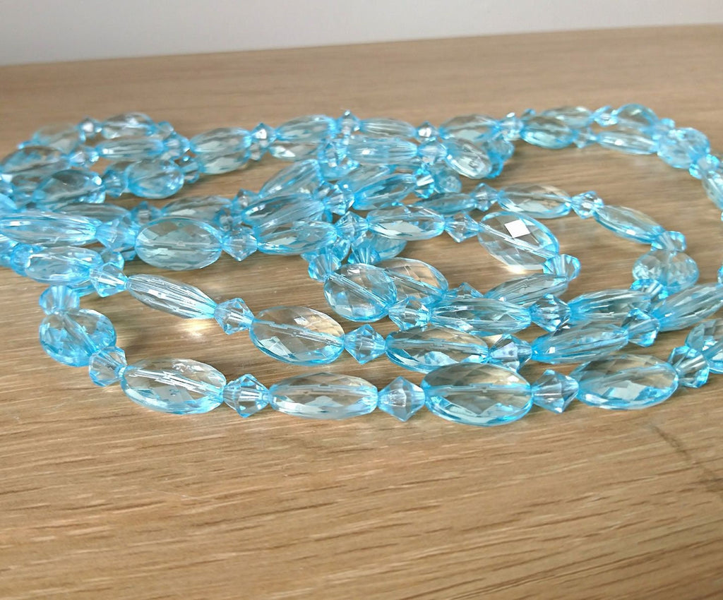 Vintage Beaded Necklace Blue Plastic Clear Chunky Multistrand Necklace Costume Jewellery Jewelry