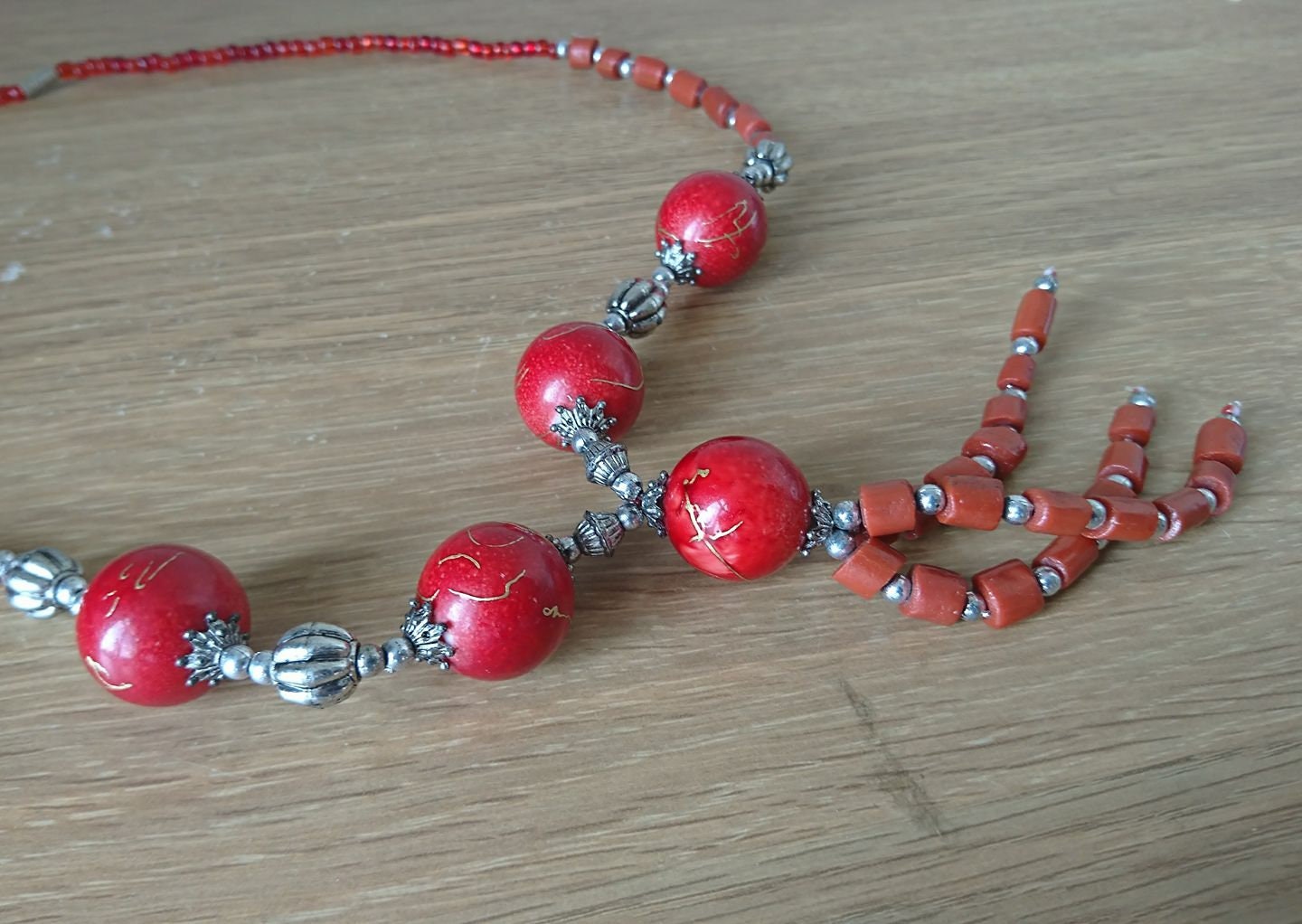 Vintage Red Beaded Necklace Chunky Tassel Screw Clasp Costume Jewellery Jewelry