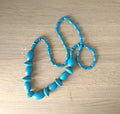 Vintage Blue Beaded Necklace Wooden Retro Necklace 80's Long Costume Jewellery Jewelry